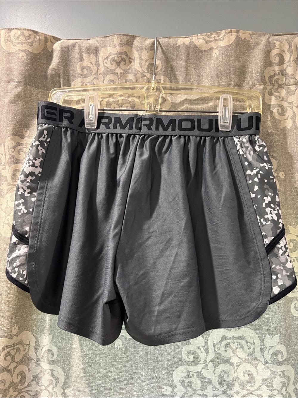Under Armour Women's Gray Athletic Shorts with Camouflage Side Panels - Picture 2 of 2